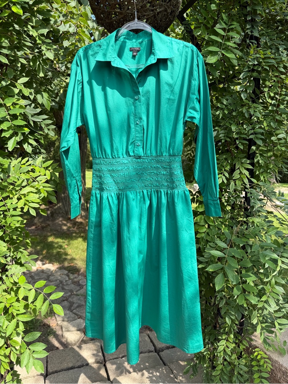 Ann Taylor Teal Long-Sleeve Shirtdress with Smocked Waist